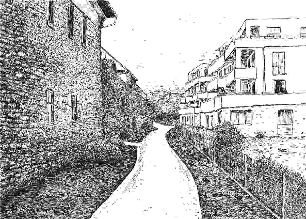 Stadmauer und moderne Wohnbebauung